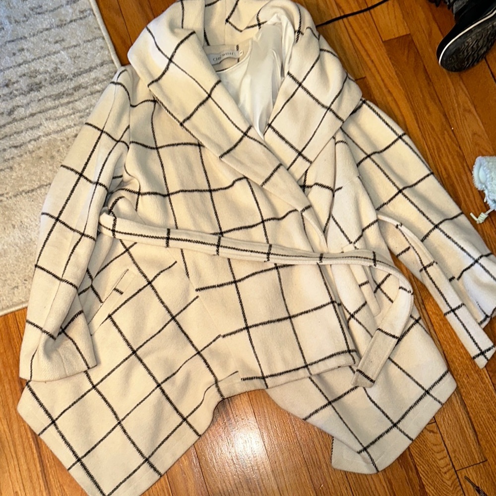 Cream and Black Plaid Wrap Coat